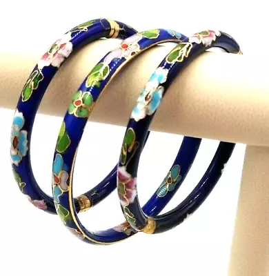 Vintage Asian Set Of 3 Blue Floral Gold Trim Hinged  Cloisonné Bangle Bracelets • $65