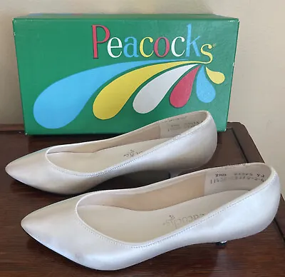 Vintage Women's Formal/wedding Shoes 2  Heel (Peacocks) White Silk Size 7 1/2 B • $32.11