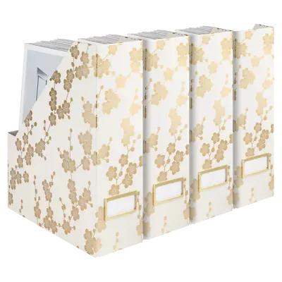 Magazine File Boxes Set Of 4 With Gold Floral Pattern And Gold Label Holder • $34.97