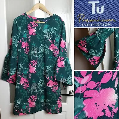 TU Tunic Dress UK 14 Green Blossom Print Retro 70s Style Floral Flared Sleeves  • £8.49