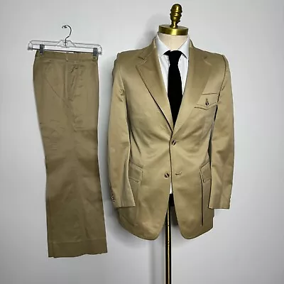 Vtg Disco Suit Mens Beige Solid Wool 36R 28W (5 Inches To Let Out) • $64.99