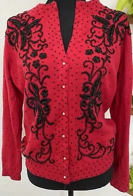 1940s Wool Beaded Vintage Hand Embroidered Floral Button Front Sweater Cardigan • $39