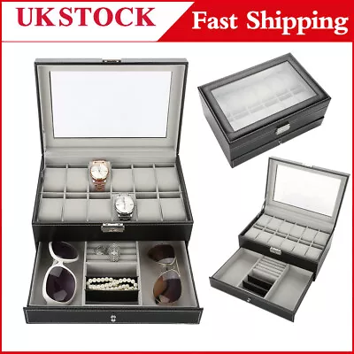 Mens 12 Grid Leather Watch Display Case Jewelry Collection Storage Holder Box • £15.78