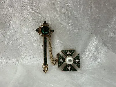 Jeweled Key & Maltese Cross Faux Pearl & Emerald Pin Brooch Vintage 1960's • $19.99