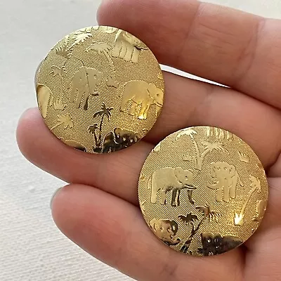 Vintage 80s Round Gold Tone Elephant Palm Tree Button Disc Post Earrings Pierced • $11.95