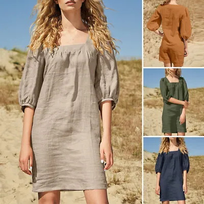 $28.11 • Buy ZANZEA Womens Cotton Linen Short Sleeve Square Neck Plain Knee Length Mini Dress