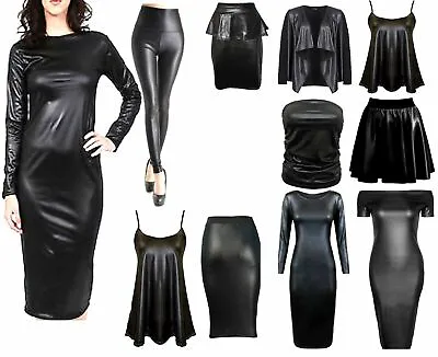 Ladies Womens Wet Look Long Sleeve Pvc Leather Dress Bodycon Tunic Top Size 8-26 • £9.99
