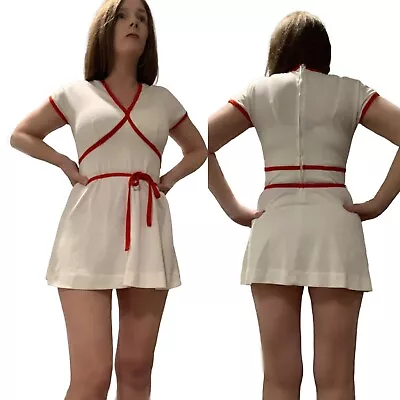 Vintage 60s 70s White Red Mod Twiggy Space Age Tennis Micro Mini Dress • $62