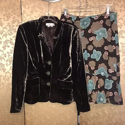 Kay Unger Brown Teal Floral Velvet Jacket Blazer Skirt Suit Size 8 • $59.99