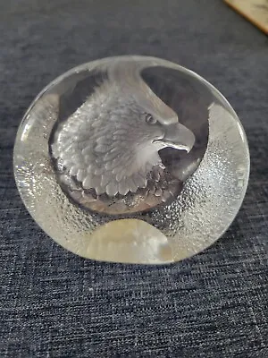 Mats Jonasson Art Glass Carved Paperweight Eagle Head Clear Frost 2 3/4  Signed • $15