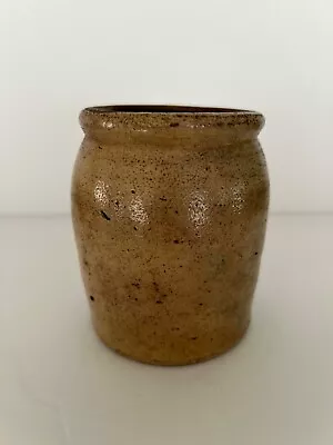 Antique Primitive Miniature Stoneware Pottery Crock W/ Yellow Glaze 3 3/4  Tall • $39.95