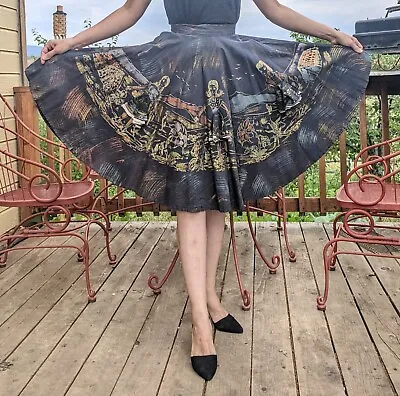 Vintage 1950s Hand-Painted Circle Skirt Mexico Girls 3D Skirts Black Gold 24 25 • $299.80