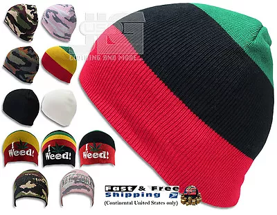 Short Beanie Winter Ski Hat New Uncuffed Knit Rasta Camo Solid Skull Cap • $8.99