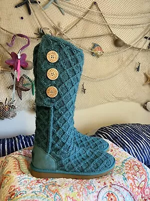 Ugg Australia Women Classic Cardy Knit Aqua Tall Sweater Boots  Shoes Size 8 EUC • $45