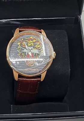 Ed Hardy Men's Brown Leather Strap Watch 10 ATM Tiger Head Logo Japan Movt Sku#2 • $50