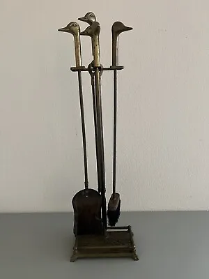 Vintage Duck Head Brass Fireplace Set 4 Tools With Brass Base - MCM Mid Century • $179.99