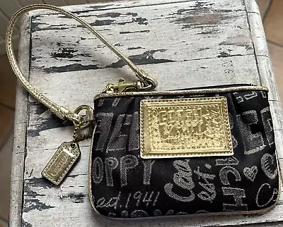 Coach Poppy Distressed Story Graffiti Black And Gold Wristlet Pre-owned • $25