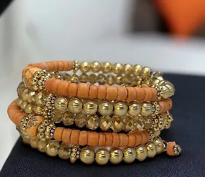 Spiral 5 Strand Beach Beaded Multicolor Gold Tangerine Saffron Bracelet Fits All • $13.50