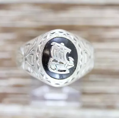 Vintage Viking Ship Onyx Men's Sterling Silver 925 Ring 10.75 Strong Etch Design • $88