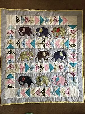 Homemade Patchwork Quilt-Baby Elephants Appliqued pink And Blue Boy Girl Blanket • £20