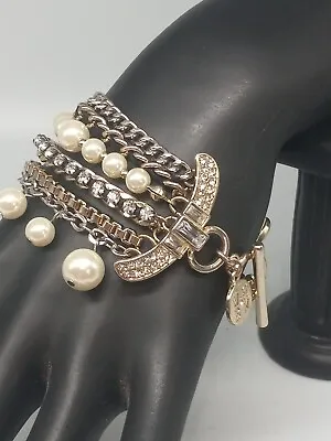 W H B M Gold /Silvertone Multi Chain Crystals Faux Pearls Dangle Toggle Bracelet • $19.99