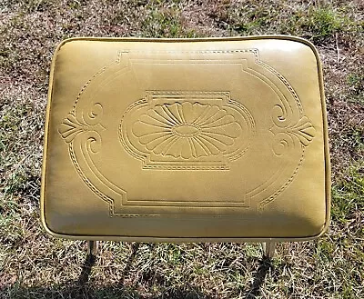 Vintage Laz-E-Rest Adjustable Hassock Yellow Vinyl Gold Metal Footstool Embossed • $125