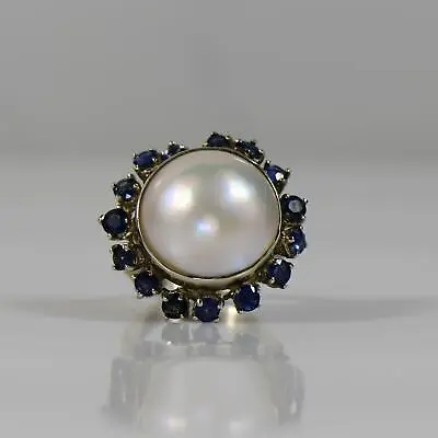 Large Mabe Pearl W Sapphires 14K White Gold Cocktail Ring • $900