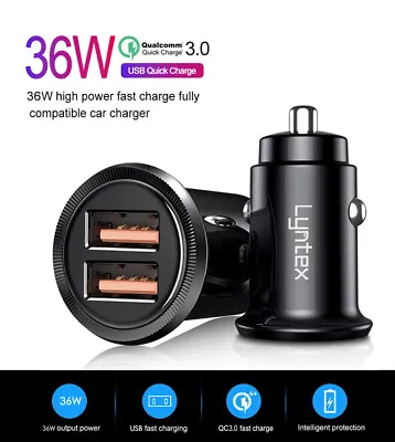 Lyntex Ultra Mini Car Charger 36W USB Dual Port Fast Dashcam Smart Phone Tablet • £6.29
