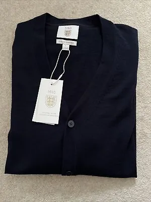 M&S ENGLAND MENS MERINO WOOL NAVY BLUE V NECK CARDIGAN Size L Bnwt • $34.80