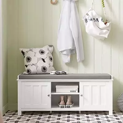 £126.38 • Buy White Storage Bench Grey Cushion Wooden 2 Doors Shelves Entryway Room Hall Shoes