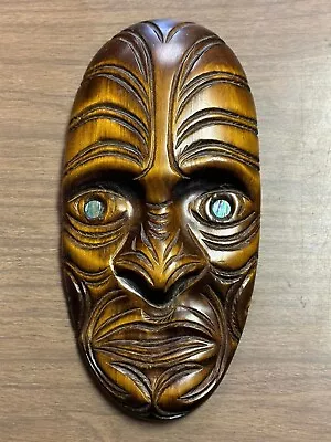 Maori Wood Mask Carving With Abalone Eyes Made In New Zealand • $79.97