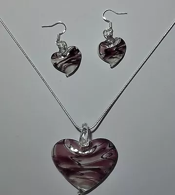 Purple Swirl Design Murano Glass Heart Earrings & Necklace Set #Valentine • £20