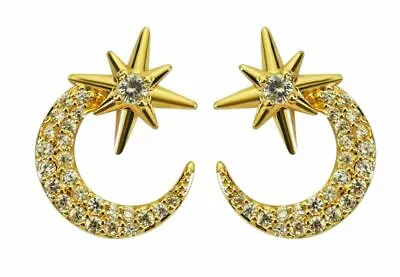 Kirks Folly Crystal CZ Moon And Star Pierced Stud Earrings Goldtone • $40