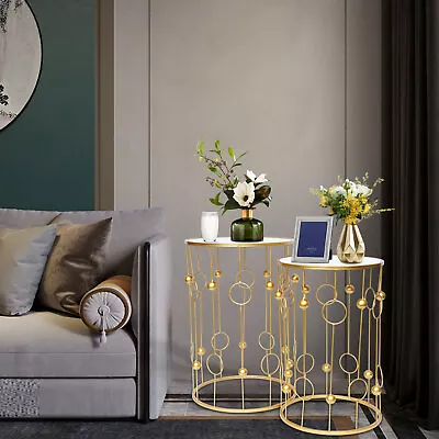 Set Of 2 Gold Modern Nesting Side Table Metal Frame End Coffee Table Living Room • $93.10