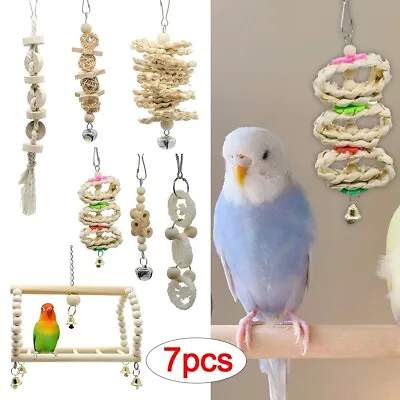 7PCS Parrot Toys Set Budgie Cockatiel Bird Cage Hanging Hammock Chewing Swing • £9.89