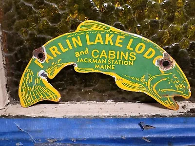 $155.37 • Buy Vintage Marlin Lake Lodge Porcelain Sign Maine Cabin Jackman State Park Fish