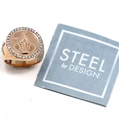 Steel By Design Rosetone Stainless Steel Saint Motif Clear Crystals Size 7 Ring • $13.99