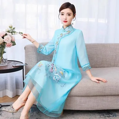 Lady Floral Embroidery Midi Dress Qipao Cheongsam Loose Ethnic Chinese Retro • $59.02