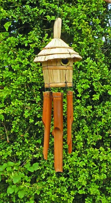 Bamboo Windchime & Bird House Straw Coconut For Garden Birds Fairtrade Decor • £15.95