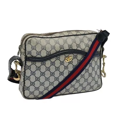 GUCCI GG Canvas Sherry Line Shoulder Bag PVC Leather Gray Red Navy Auth Ti1224 • $150