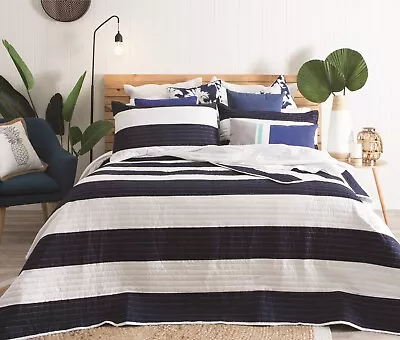 Nautical Stripes Quilted Bedspread Bed Throwover Throw + Pillow Shams Navy White • £24.95