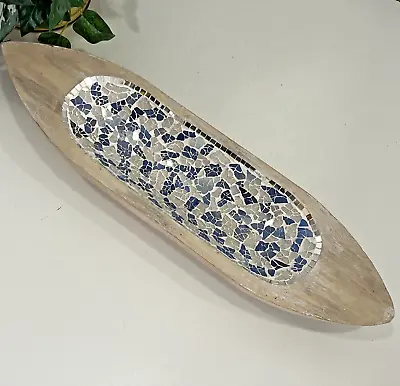 VINTAGE Pier 1 Imports  Blue & White Glass & Mirror Mosaic Decorative Bowl Boat • $29