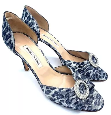 Manolo Blahnik SEDARABY Pumps Dorsay Brocade Silver Gray Leopard Shoes 41 • $305