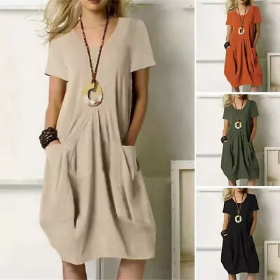 Women Cotton Linen Short Sleeve Smock Dress Casual Baggy T Shirt Dress Plus Size • £3.39