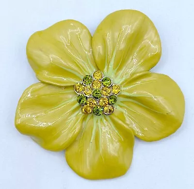 D7-1574 Vintage Brooch Silver Pin 2.25  Enamel Green Rhinestone Bright Flower • $6.99