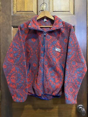 Sierra Designs Fleece Aztec Sun Full Zip Mens Medium Red Blue Teal 80s Vintage • $74.99