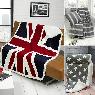 Sherpa Throw Union Jack Throwover Blanket Soft Bed Sofa Fleece Stars Faux Fur • £22.99