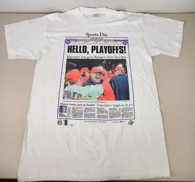 Vintage 1996 Texas Rangers LG Shirt News Clip Playoffs Silver Mountain Cotton • $24