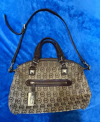 Michael Kors Large CALISTA Satchel Bag MK Signature Jacquard Beige And Brown • $25.99