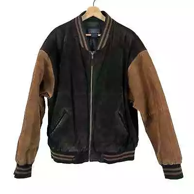 VTG Mens Basic Editions Black/Tan Genuine Leather Varsity Jacket - Size Large • $50